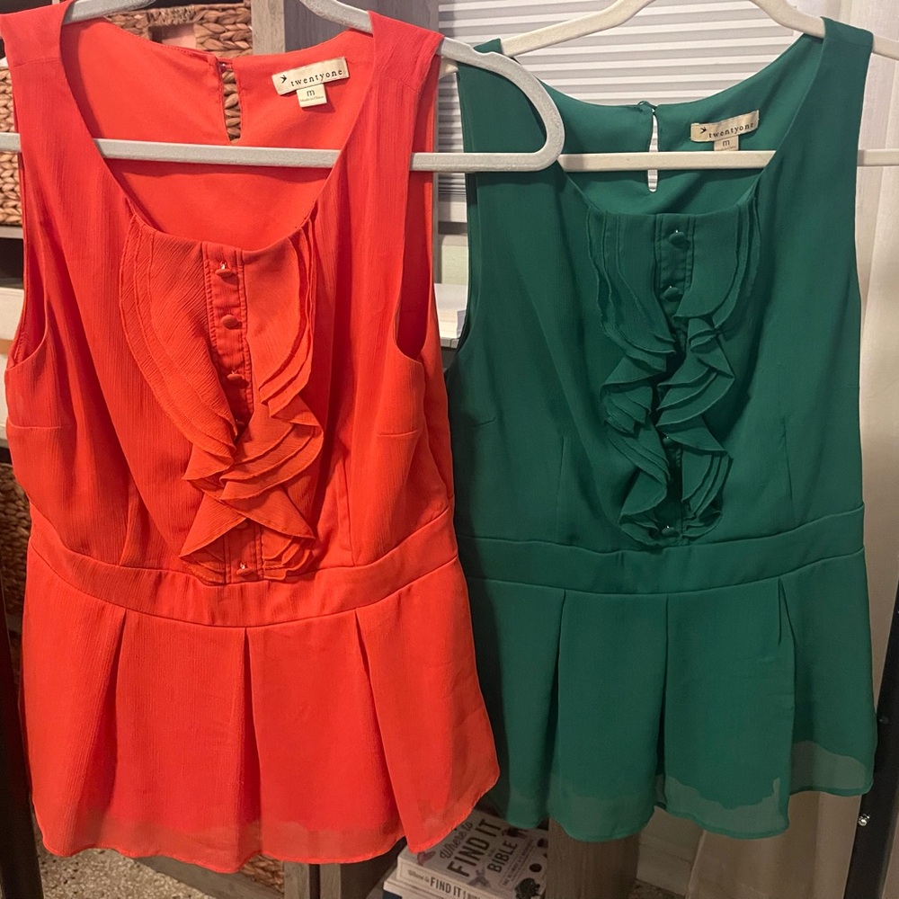 Women's Ruffle Blouses - Orange and Green